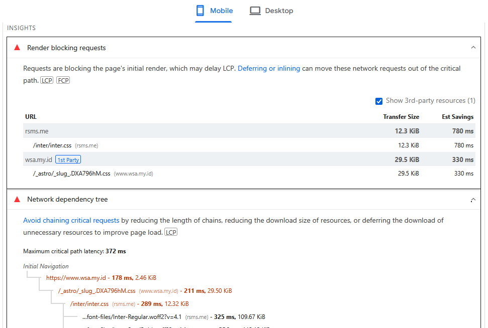 a screenshot showcasing google pagespeed insight result in red warning because of fonts loading